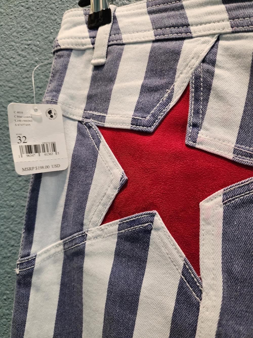 Free People Navy and White Striped Boot Cut Jeans with Red Star